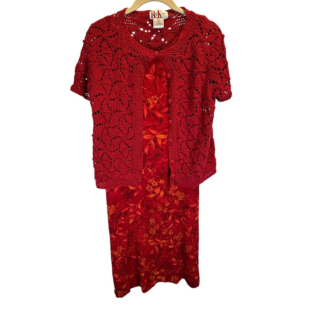 R&K Originals Red Floral Maxi Dress & Crochet Cardigan Set Vintage 90s